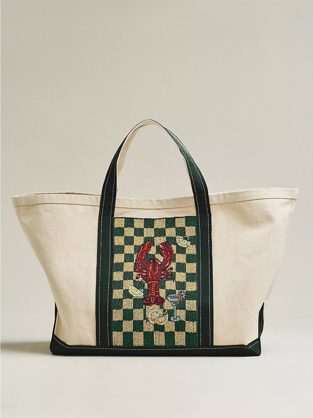 NWT Celandine Hartley Large Canvas Tote Green Check Lobster Beaded Anthropologie